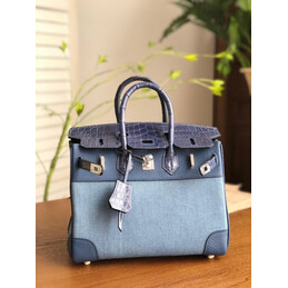 Replica Hermes Light Blue Navy Birkin 25 Crocodile Leather Trim Palladium Hardware Bag