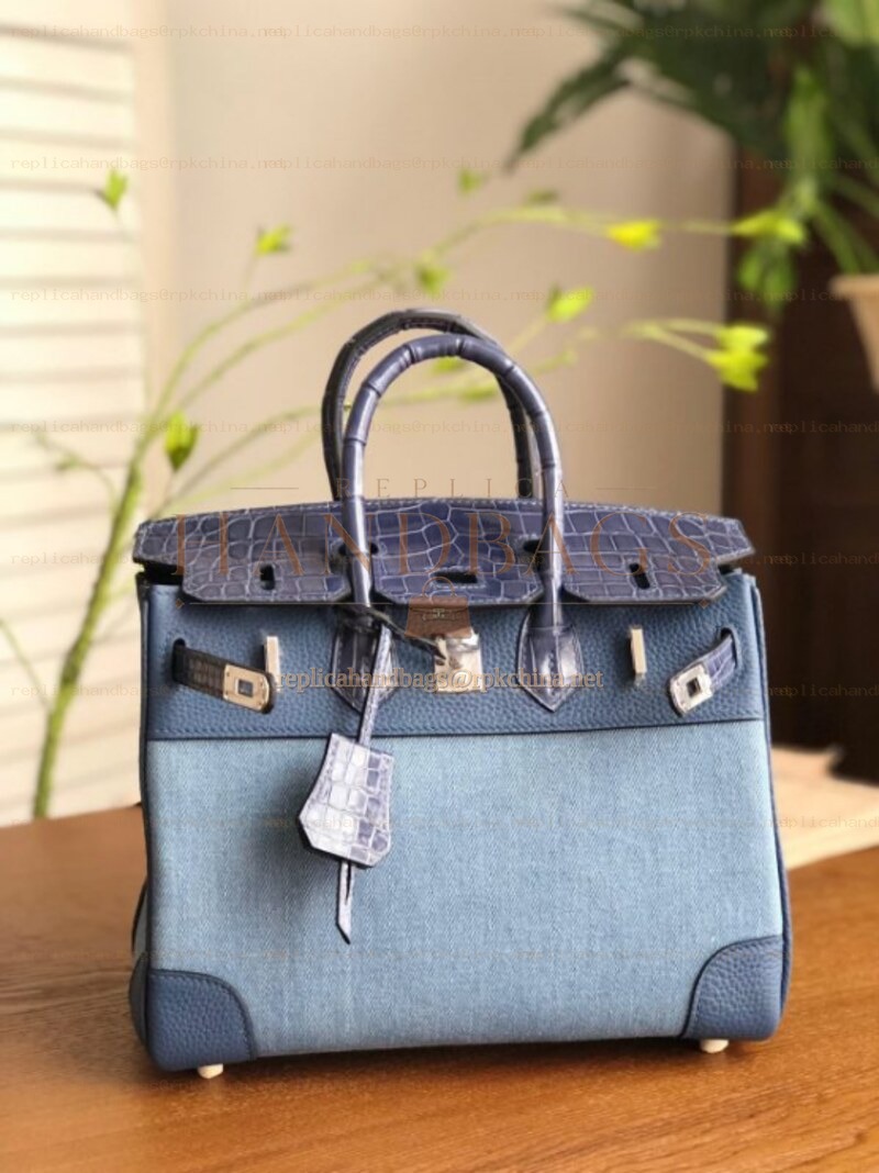 Replica Hermes Light Blue Navy Birkin 25 Crocodile Leather Trim Palladium Hardware Bag