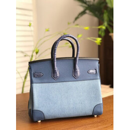 Replica Hermes Light Blue Navy Birkin 25 Crocodile Leather Trim Palladium Hardware Bag