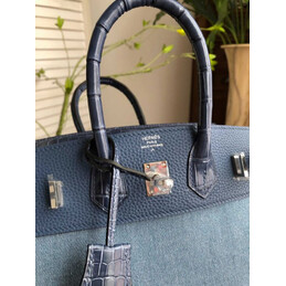 Replica Hermes Light Blue Navy Birkin 25 Crocodile Leather Trim Palladium Hardware Bag