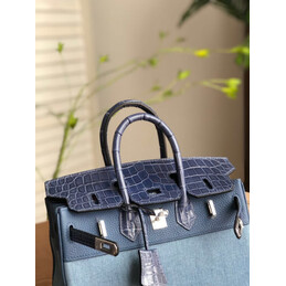 Replica Hermes Light Blue Navy Birkin 25 Crocodile Leather Trim Palladium Hardware Bag