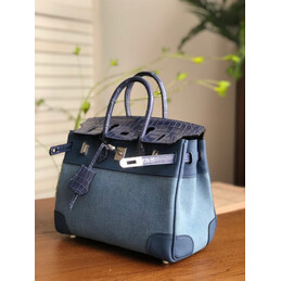 Replica Hermes Light Blue Navy Birkin 25 Crocodile Leather Trim Palladium Hardware Bag