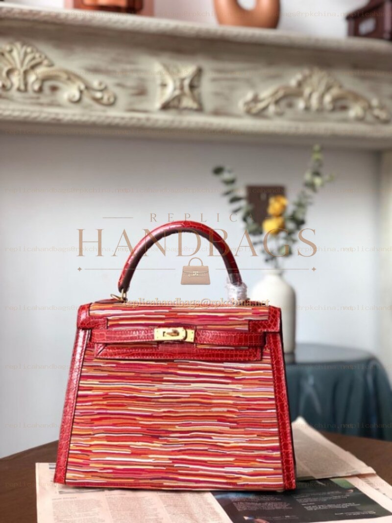 Replica Hermes Red Multicolor Print Kelly 28 Gold Hardware Bag