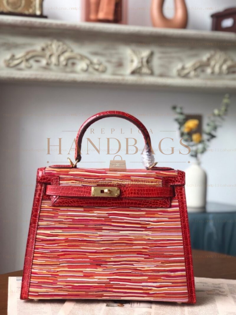 Replica Hermes Red Multicolor Striped Print Kelly 32 Gold Hardware Bag