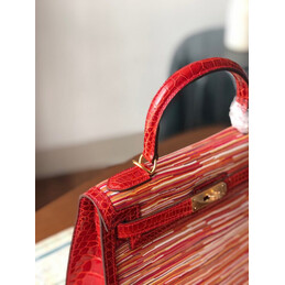 Replica Hermes Red Multicolor Striped Print Kelly 32 Gold Hardware Bag