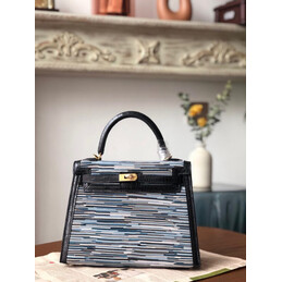 Replica Hermes Black Gray Print Kelly 28 Gold Hardware Bag