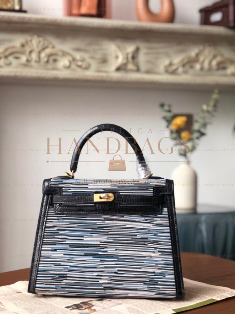 Replica Hermes Black Gray Print Kelly 28 Gold Hardware Bag