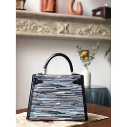 Replica Hermes Black Gray Print Kelly 28 Gold Hardware Bag