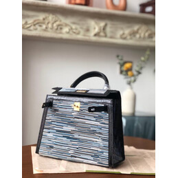 Replica Hermes Black Gray Print Kelly 28 Gold Hardware Bag