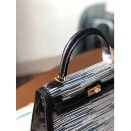 Replica Hermes Black Gray Print Kelly 28 Gold Hardware Bag