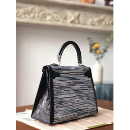Replica Hermes Black Gray Print Kelly 28 Gold Hardware Bag