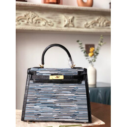 Replica Hermes Black Gray Print Kelly 32 Gold Hardware Bag