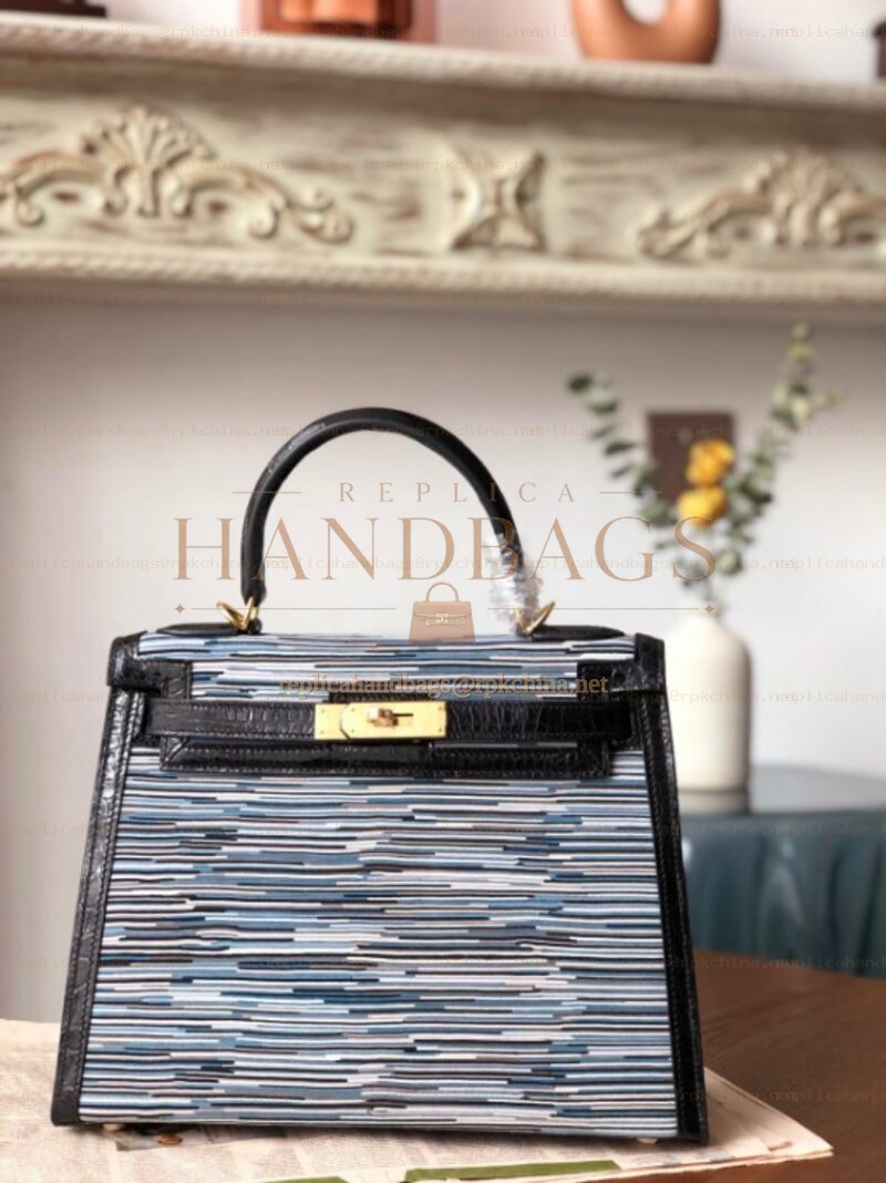 Replica Hermes Black Gray Print Kelly 32 Gold Hardware Bag