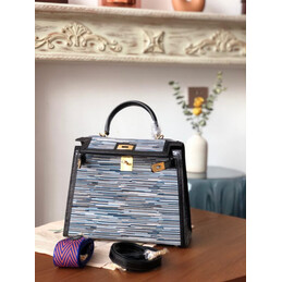 Replica Hermes Black Gray Print Kelly 32 Gold Hardware Bag