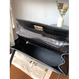 Replica Hermes Black Gray Print Kelly 32 Gold Hardware Bag