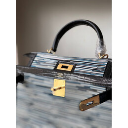 Replica Hermes Black Gray Print Kelly 32 Gold Hardware Bag