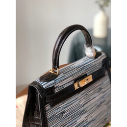 Replica Hermes Black Gray Print Kelly 32 Gold Hardware Bag