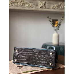 Replica Hermes Black Gray Print Kelly 32 Gold Hardware Bag