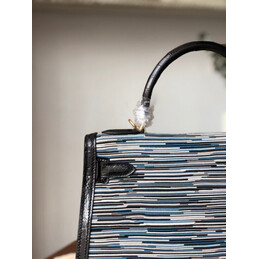 Replica Hermes Black Gray Print Kelly 32 Gold Hardware Bag