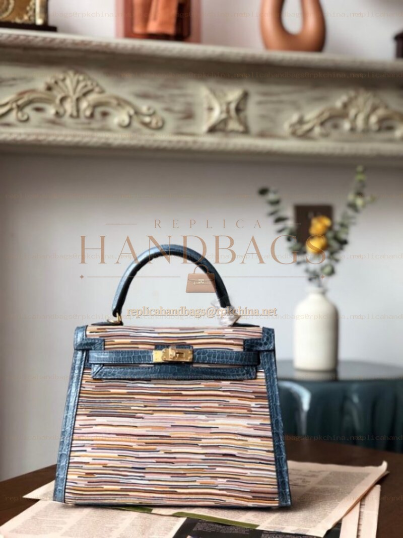 Replica Hermes Turquoise Multicolor Print Kelly 32 Gold Hardware Bag