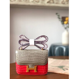 Replica Hermes Gray Red Crocodile Leather Kelly Mini 20 Bow Handle Bag