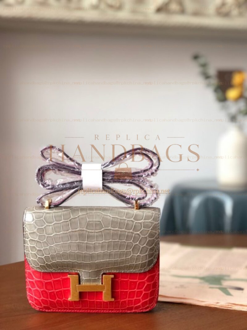 Replica Hermes Gray Red Crocodile Leather Kelly Mini 20 Bow Handle Bag