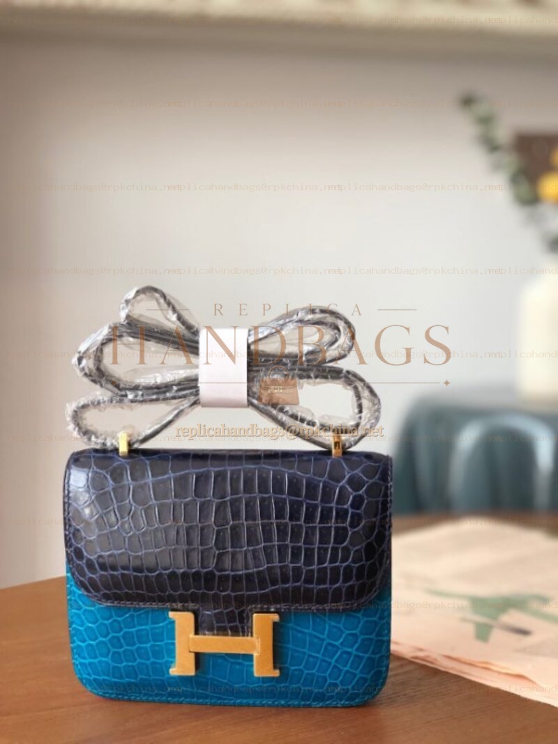 Replica Hermes Navy Blue Turquoise Crocodile Leather Kelly Mini 20 Bow Handle Bag