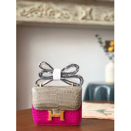 Replica Hermes Beige Fuchsia Crocodile Leather Kelly Mini 20 Bow Handle Bag