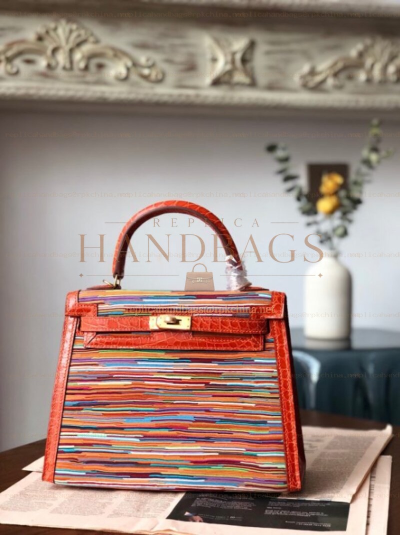 Replica Hermes Red Multicolor Print Kelly 25 Gold Hardware Bag