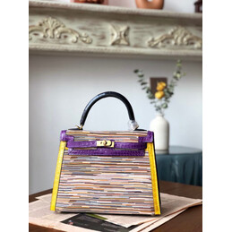 Replica Hermes Beige Purple Yellow Print Kelly 25 Gold Hardware Bag