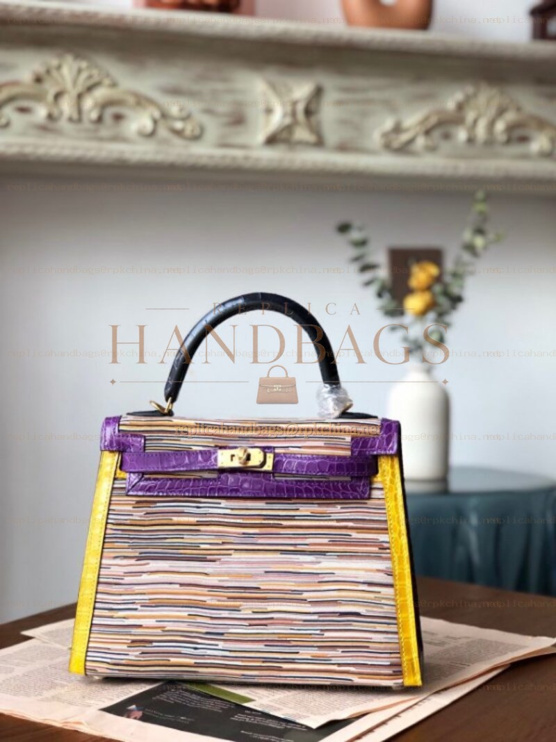Replica Hermes Beige Purple Yellow Print Kelly 25 Gold Hardware Bag
