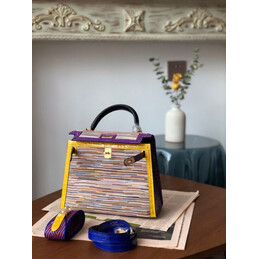 Replica Hermes Beige Purple Yellow Print Kelly 25 Gold Hardware Bag