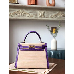 Replica Hermes Beige Purple Print Kelly 25 Gold Hardware Bag