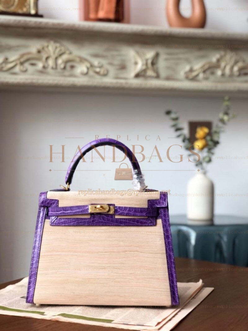 Replica Hermes Beige Purple Print Kelly 25 Gold Hardware Bag