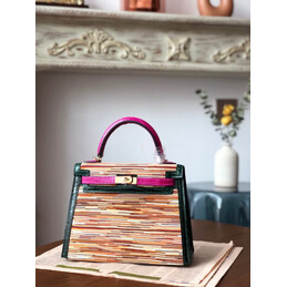 Replica Hermes Beige Green Pink Print Kelly 25 Gold Hardware Bag