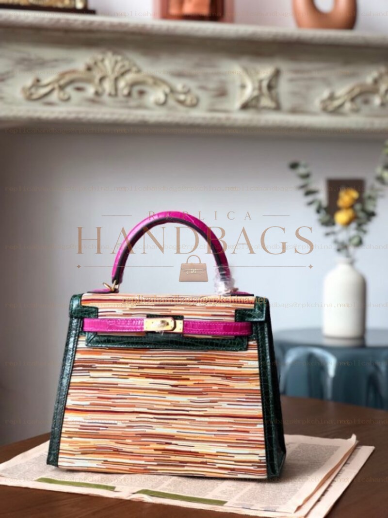 Replica Hermes Beige Green Pink Print Kelly 25 Gold Hardware Bag