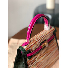 Replica Hermes Beige Green Pink Print Kelly 25 Gold Hardware Bag