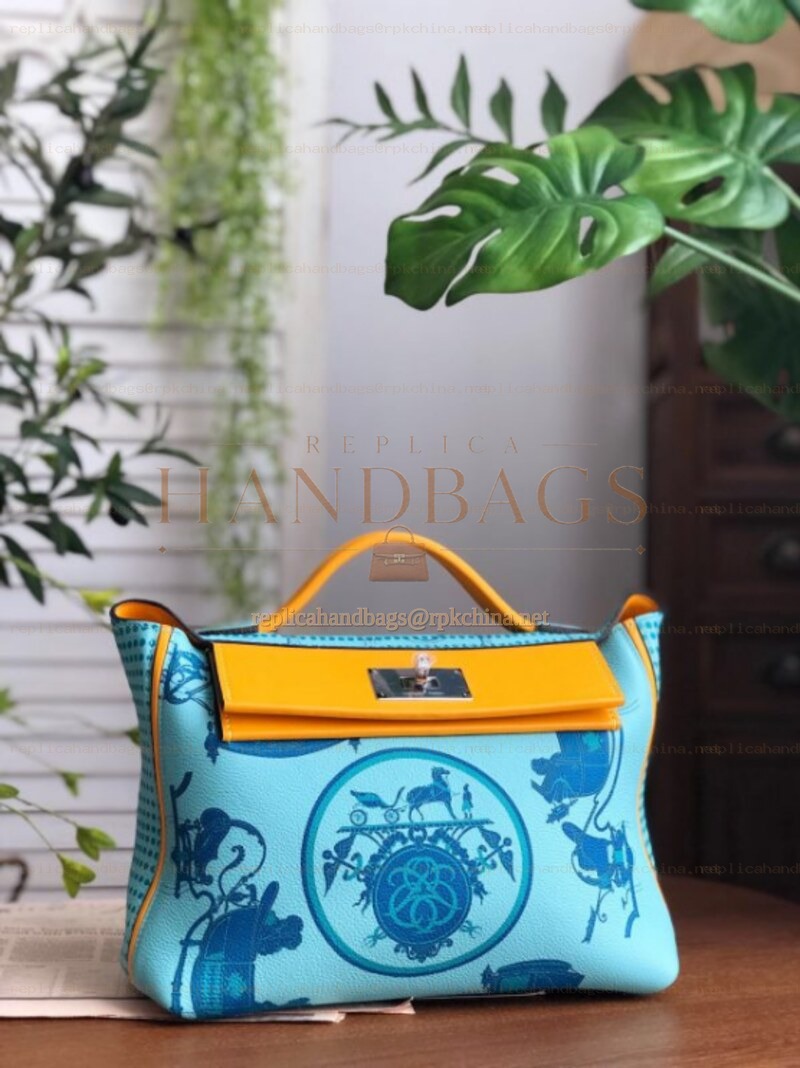 Replica Hermes Blue Orange Print Kelly 2424 29 Palladium Hardware Bag