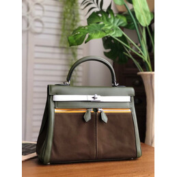 Replica Hermes Brown Green Kelly 32 Palladium Hardware Bag