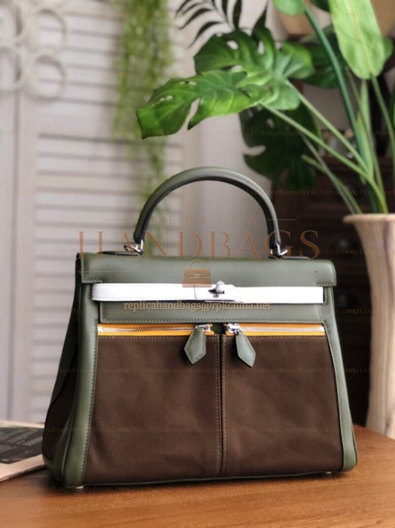 Replica Hermes Brown Green Kelly 32 Palladium Hardware Bag