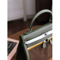 Replica Hermes Brown Green Kelly 32 Palladium Hardware Bag