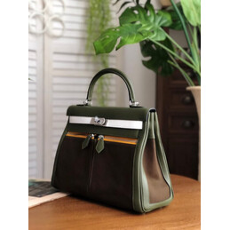 Replica Hermes Brown Green Kelly 32 Palladium Hardware Bag