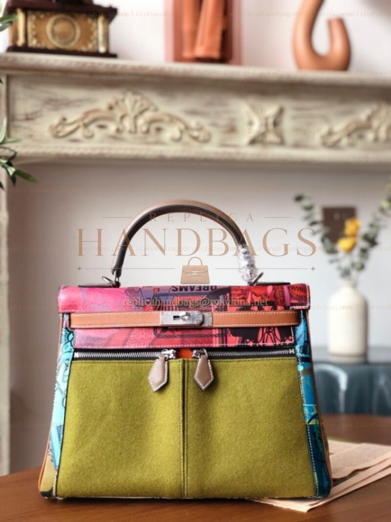Replica Hermes Green Pink Multicolor Kelly 32 Palladium Hardware Bag