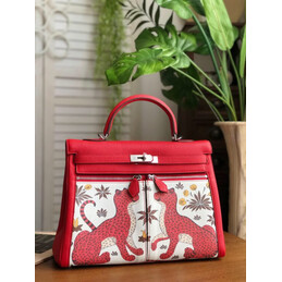 Replica Hermes Red White Print Kelly 35 Palladium Hardware Bag