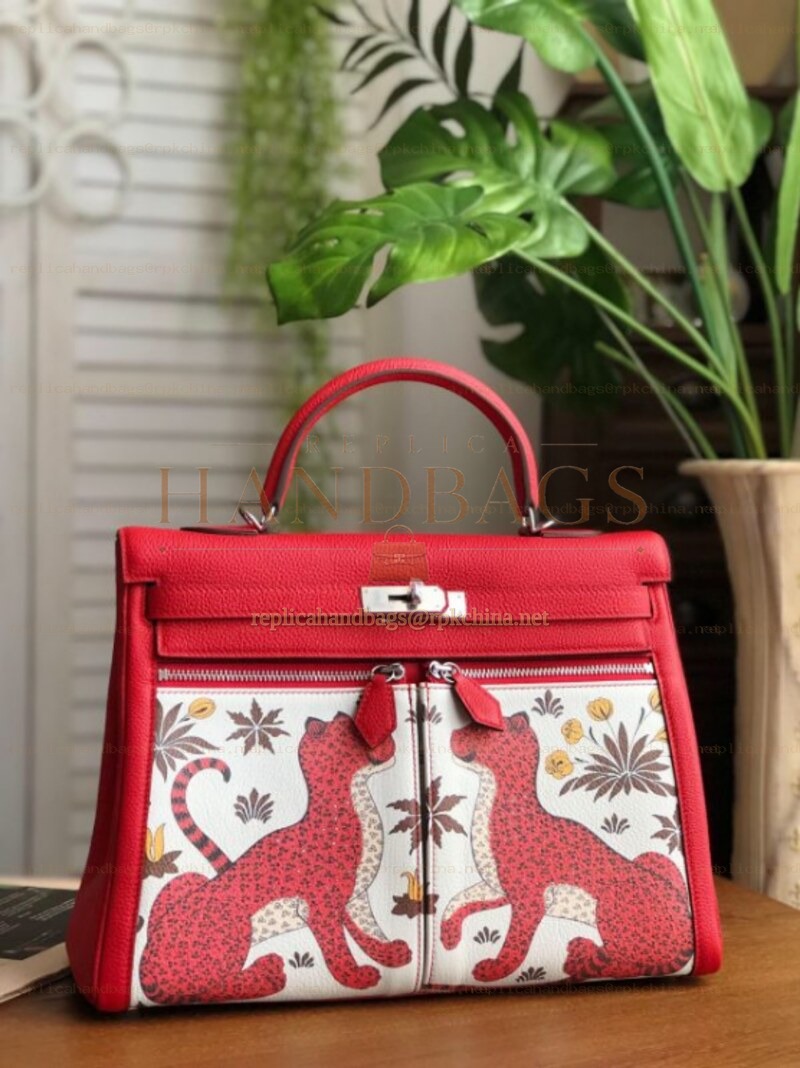 Replica Hermes Red White Print Kelly 35 Palladium Hardware Bag