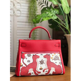 Replica Hermes Red White Print Kelly 35 Palladium Hardware Bag