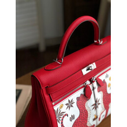 Replica Hermes Red White Print Kelly 35 Palladium Hardware Bag