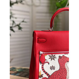 Replica Hermes Red White Print Kelly 35 Palladium Hardware Bag
