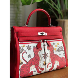 Replica Hermes Red White Print Kelly 35 Palladium Hardware Bag