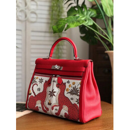 Replica Hermes Red White Print Kelly 35 Palladium Hardware Bag